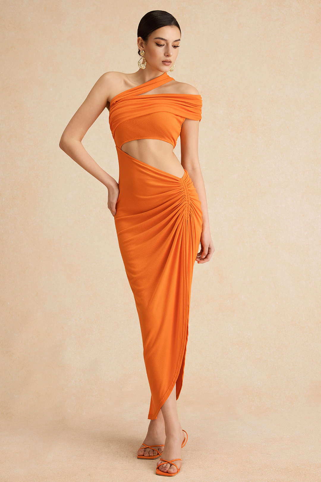 Ruched Asymmetrical Cut Out Slit Midi Dress