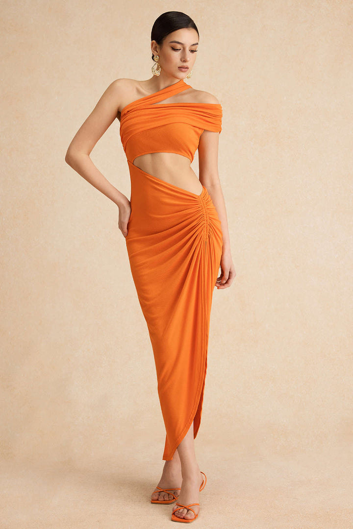 Ruched Asymmetrical Cut Out Slit Midi Dress