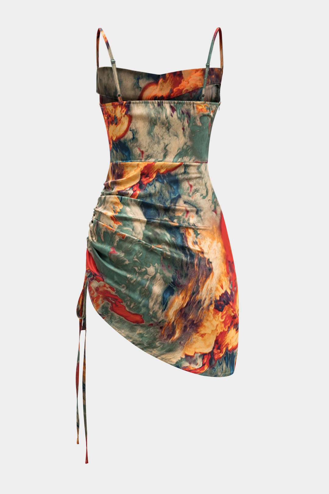 Watercolor Print Satin Ruched Drawstring Slip Mini Dress