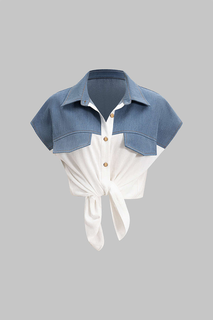Patchwork Linen Tie Front Fake Pocket Shirt