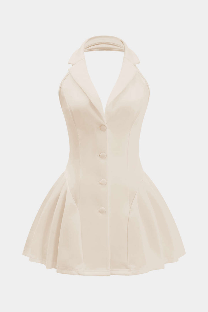 Halter Neck Button Ruffle Sleeveless Mini Dress