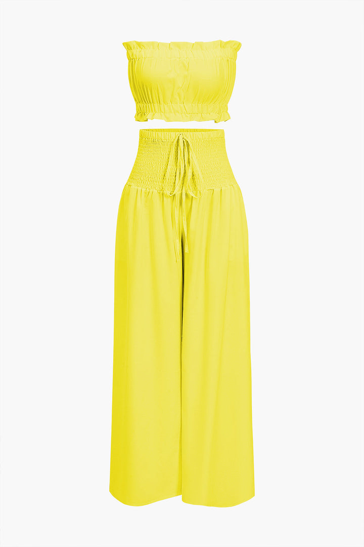 Ruched Tube Top And Tie Front Wide Leg Trousers Set