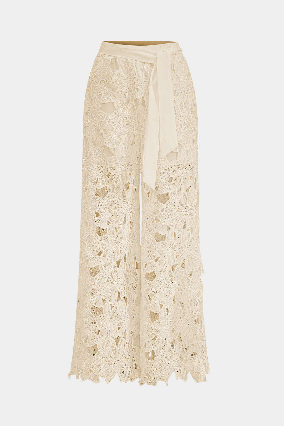 Hollow Out Lace Top And Tie Up Trousers Set