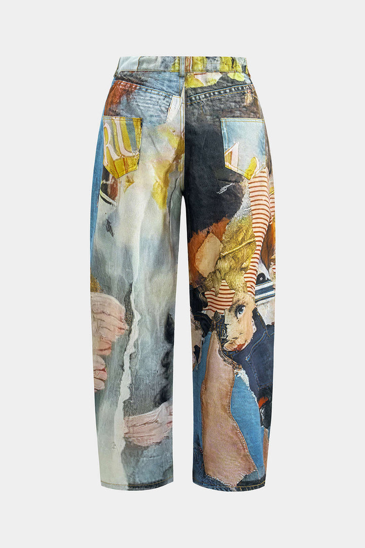 Abstract Print Button Wide Leg Trousers