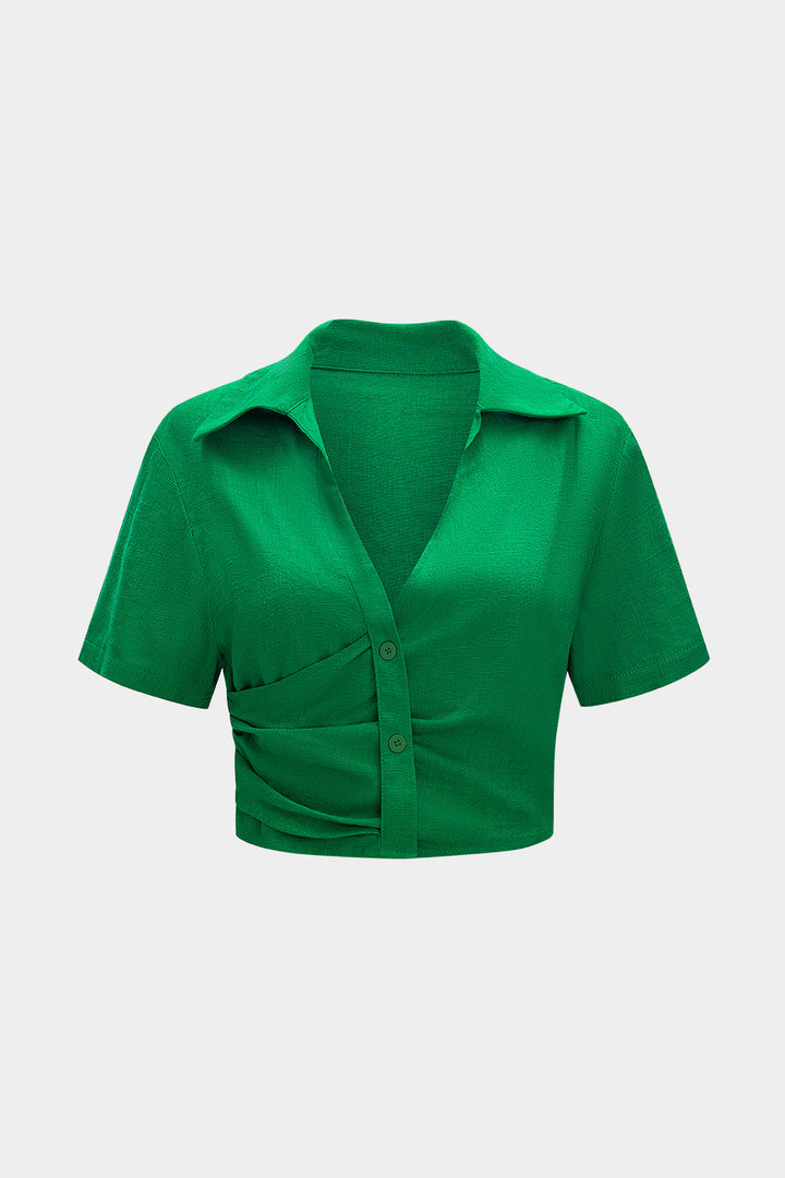 Linen Asymmetrical Ruched V-Neck Short-Sleeve Shirt