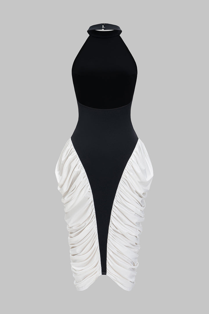 Backless Halter Neck Ruched Sleeveless Midi Dress