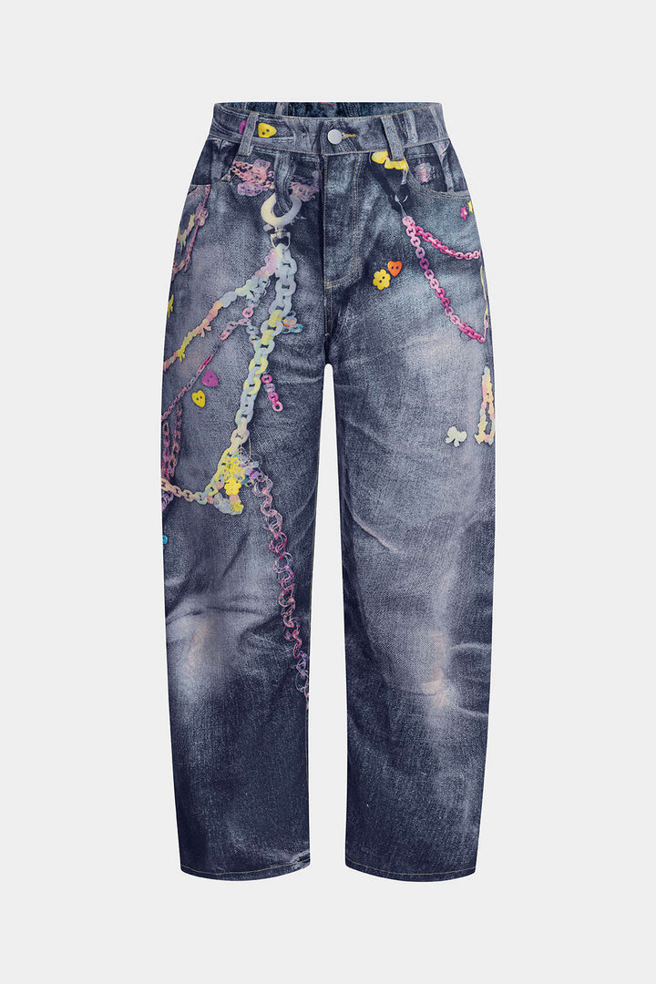 Abstract Print Button Wide Leg Trousers