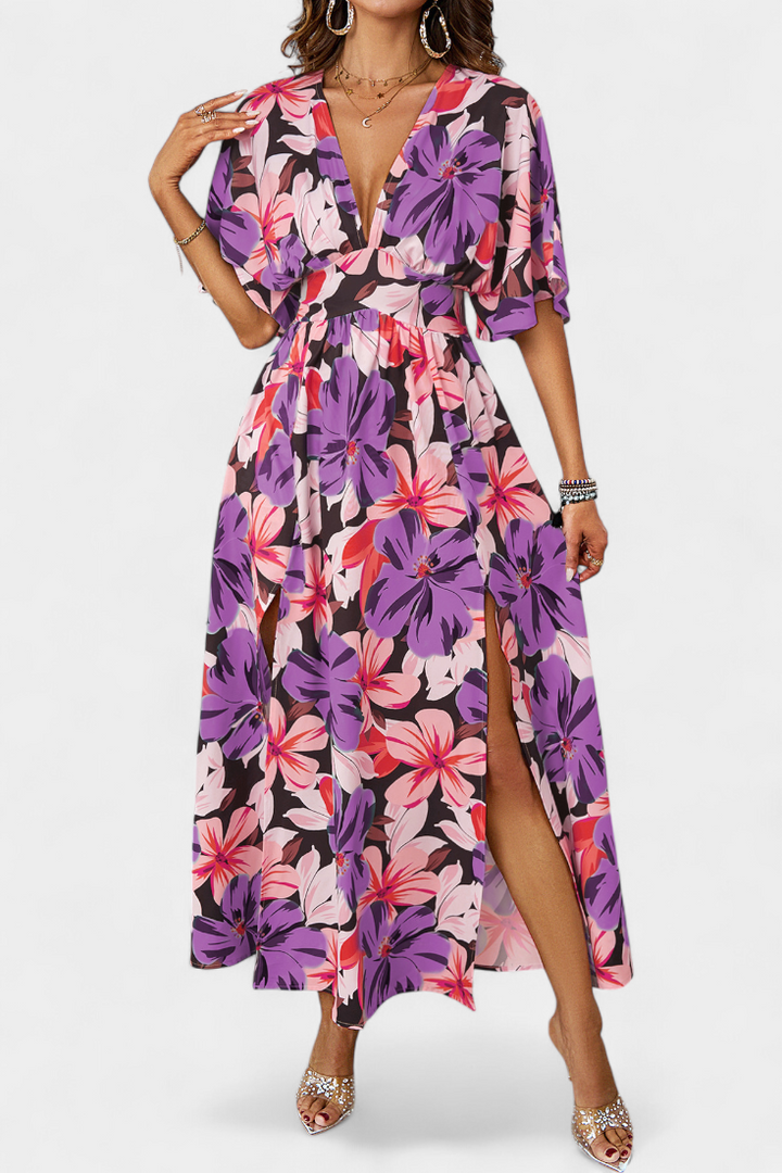 Julie Long Dress with Floral Print and Crossed Neckline