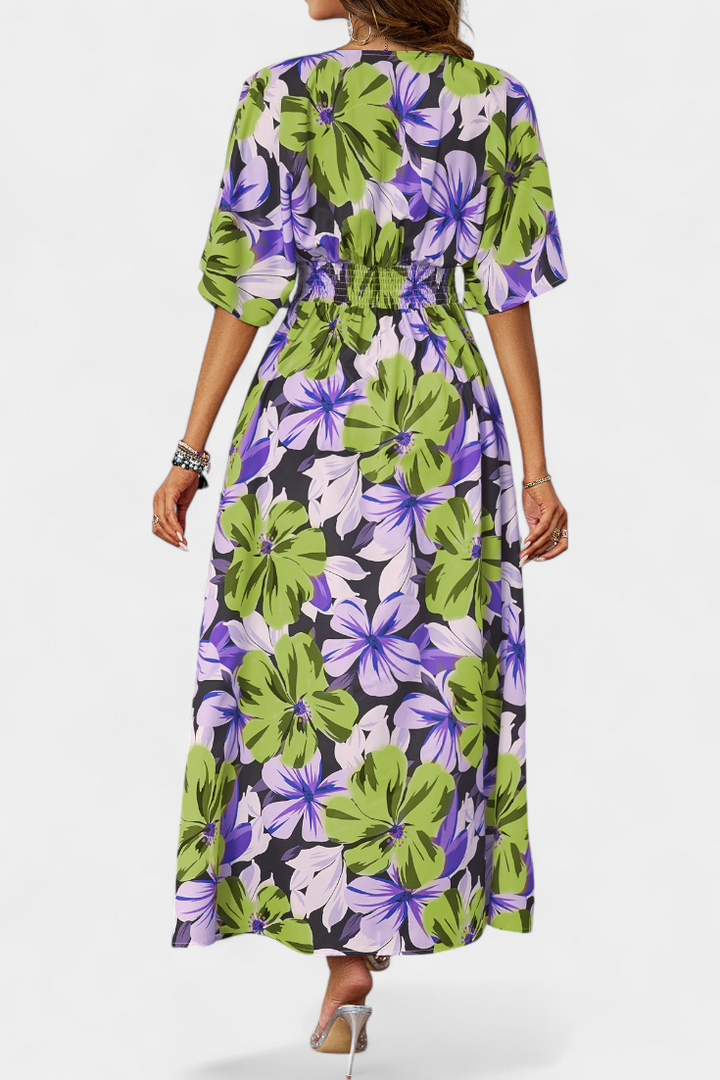 Julie Long Dress with Floral Print and Crossed Neckline