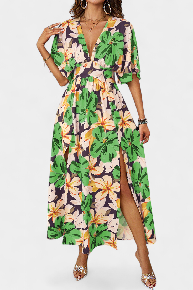 Julie Long Dress with Floral Print and Crossed Neckline