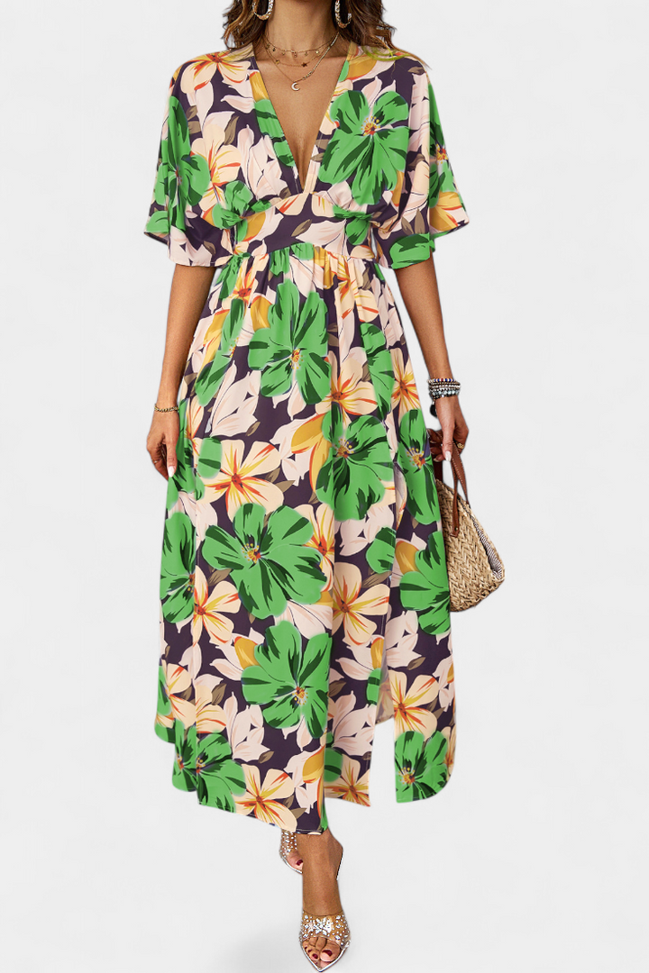 Julie Long Dress with Floral Print and Crossed Neckline