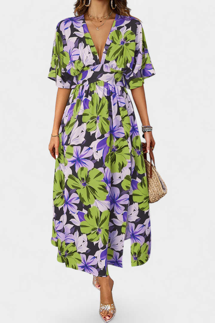 Julie Long Dress with Floral Print and Crossed Neckline
