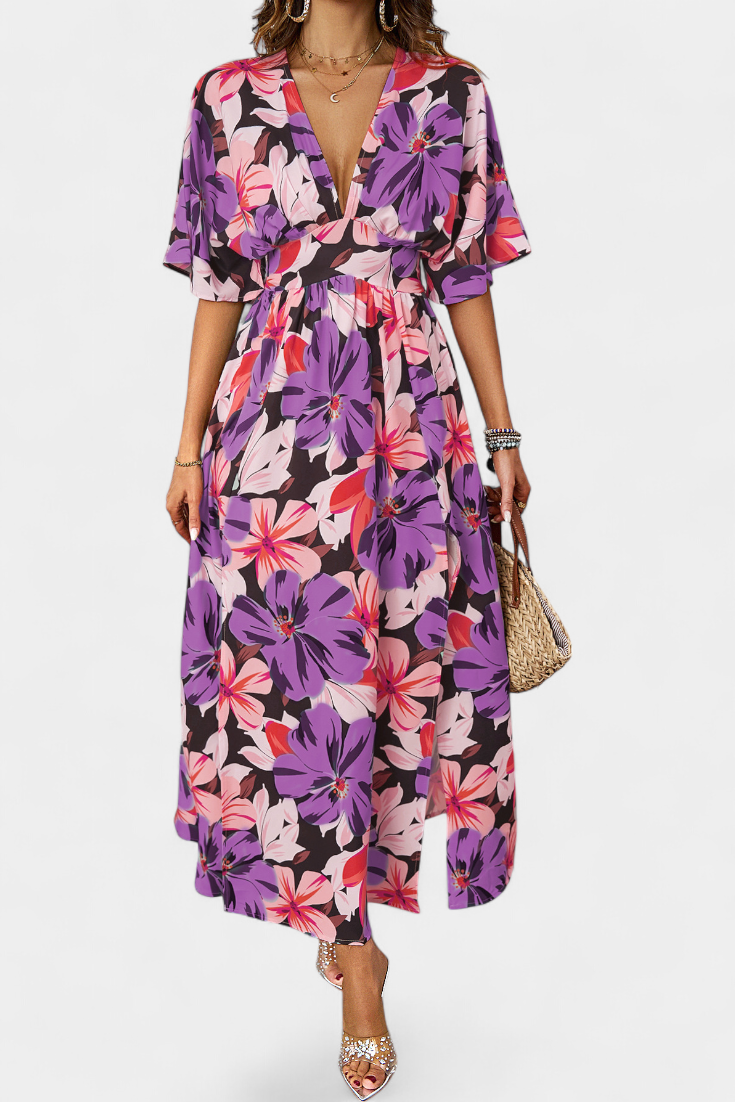 Julie Long Dress with Floral Print and Crossed Neckline