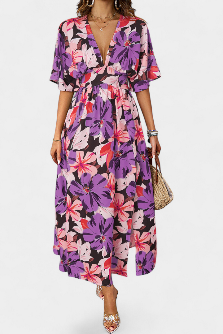 Julie Long Dress with Floral Print and Crossed Neckline