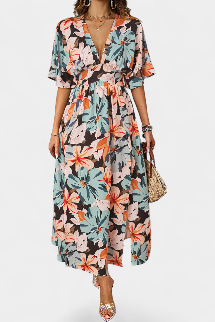 Julie Long Dress with Floral Print and Crossed Neckline