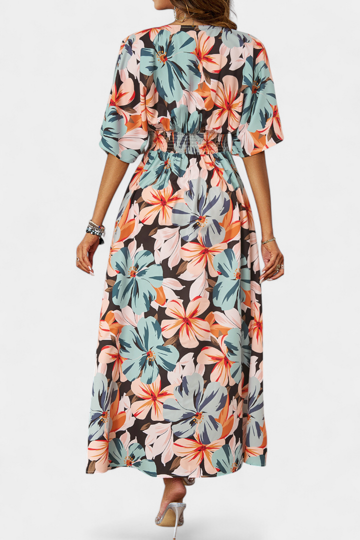 Julie Long Dress with Floral Print and Crossed Neckline