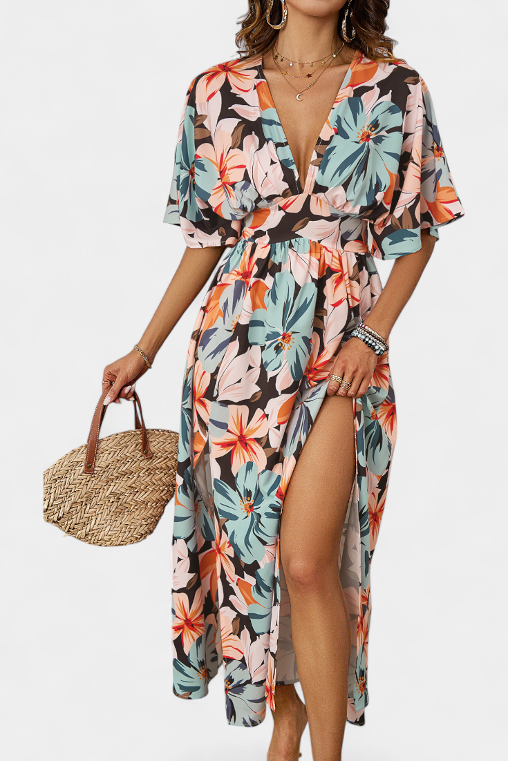 Julie Long Dress with Floral Print and Crossed Neckline