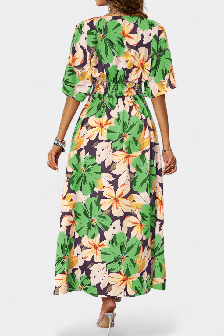 Julie Long Dress with Floral Print and Crossed Neckline