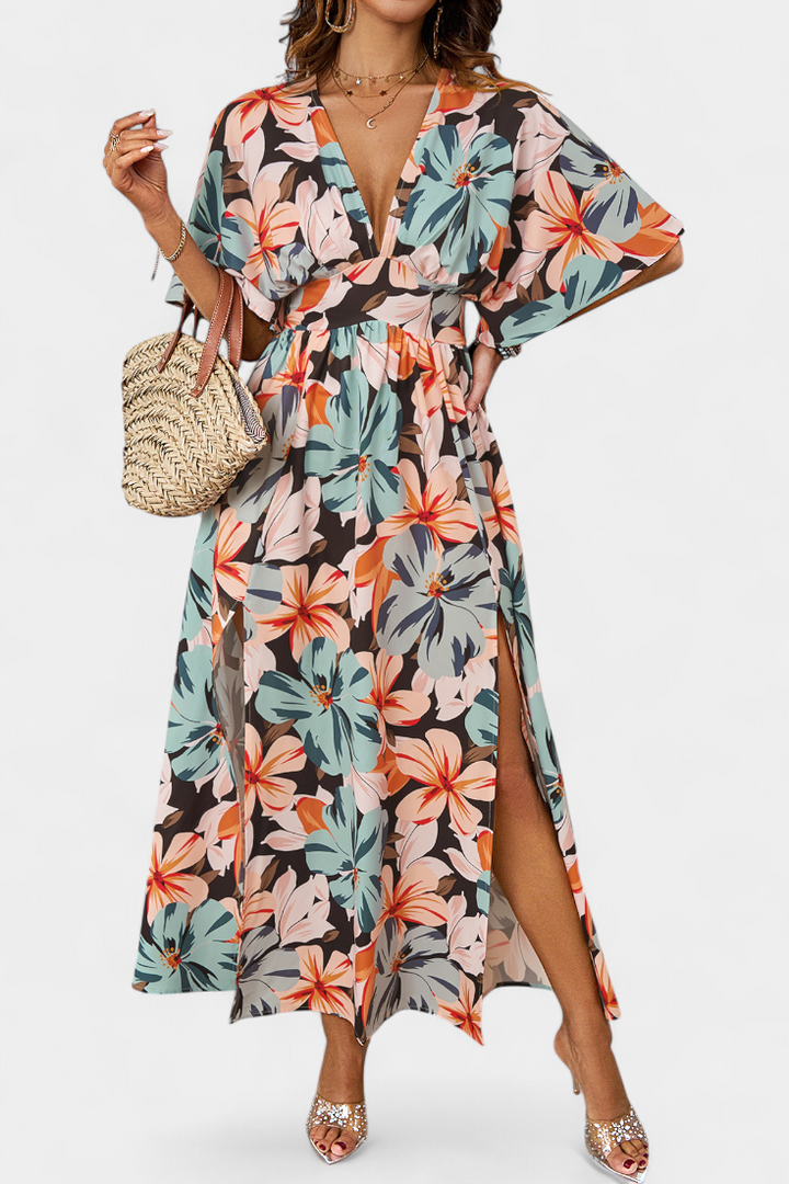 Julie Long Dress with Floral Print and Crossed Neckline