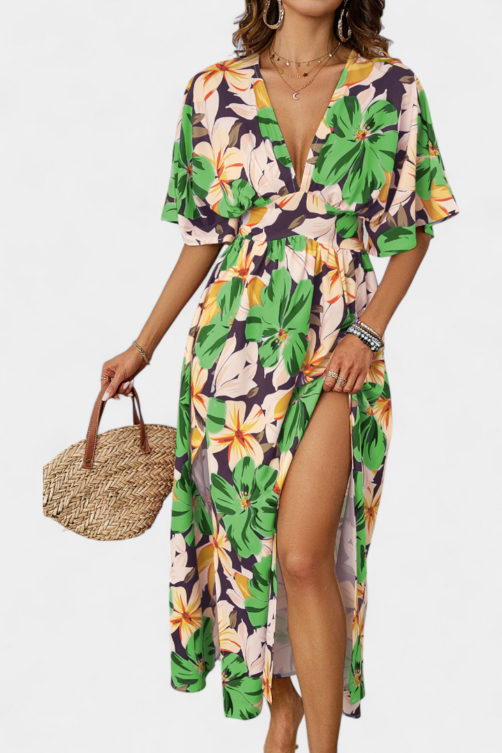 Julie Long Dress with Floral Print and Crossed Neckline