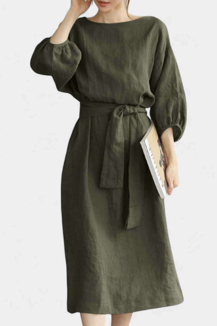 Krisbel Cotton Linen Dress with Waist Tie