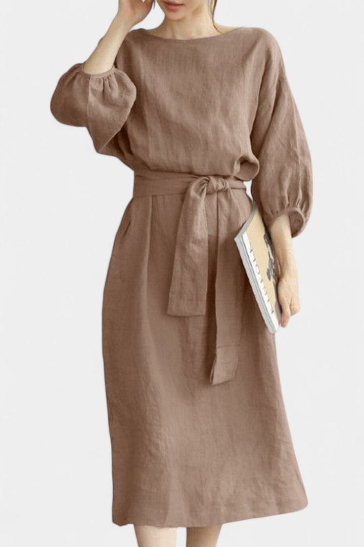 Krisbel Cotton Linen Dress with Waist Tie