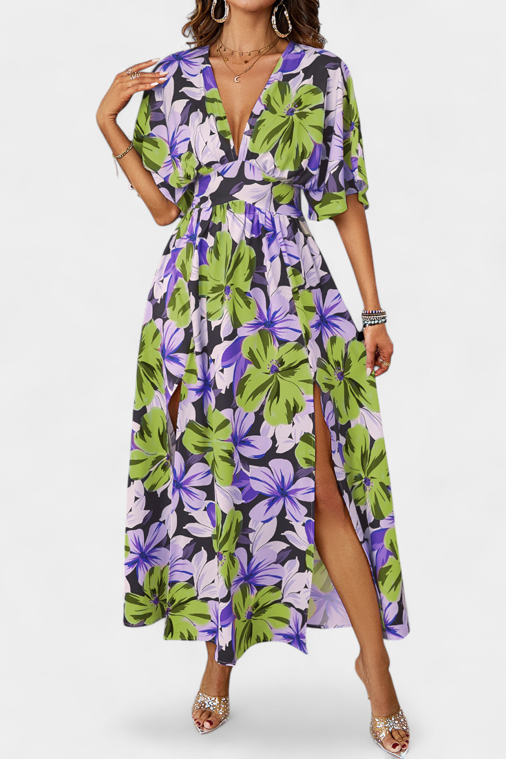Julie Long Dress with Floral Print and Crossed Neckline