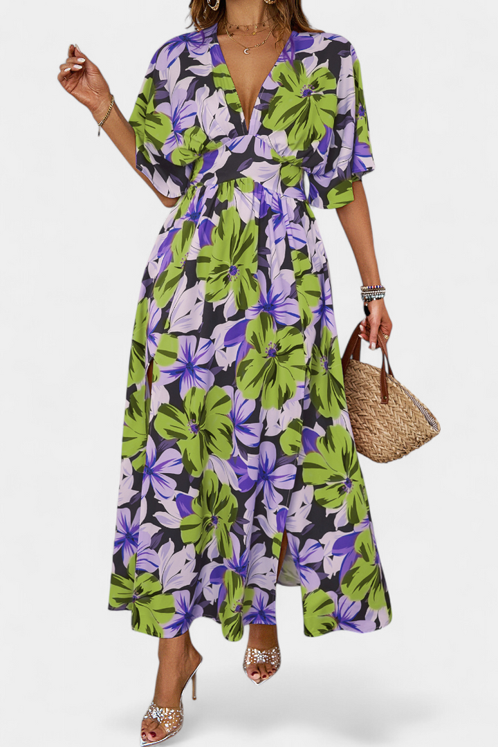 Julie Long Dress with Floral Print and Crossed Neckline