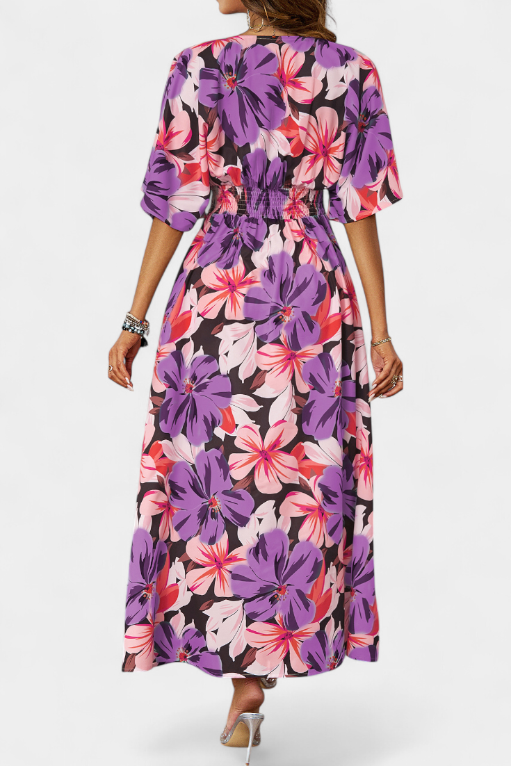 Julie Long Dress with Floral Print and Crossed Neckline