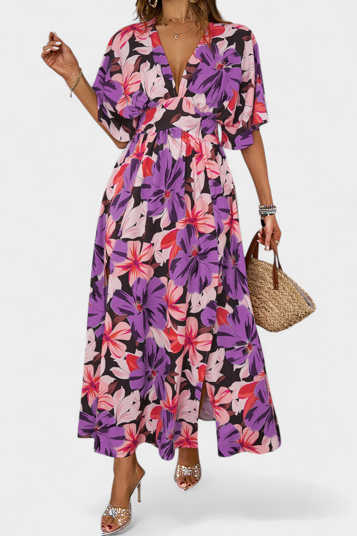 Julie Long Dress with Floral Print and Crossed Neckline