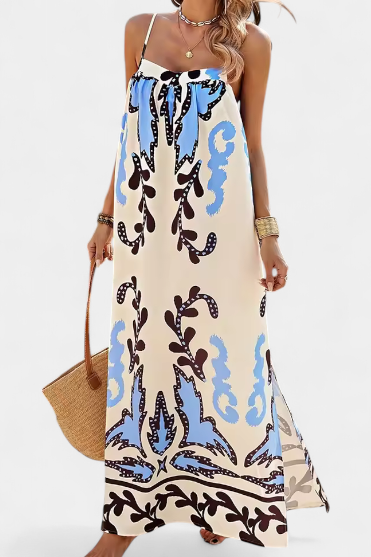 Vilma Tropical Print Dress with Open Back