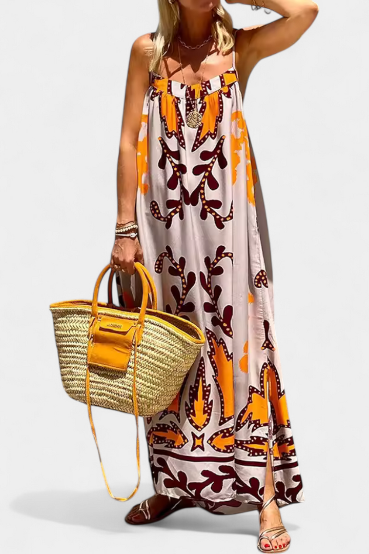 Vilma Tropical Print Dress with Open Back