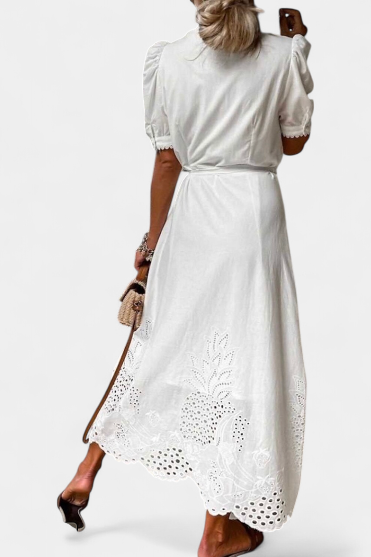 Nerea Shirt Dress Embroidered with Belt and Puffy Sleeves