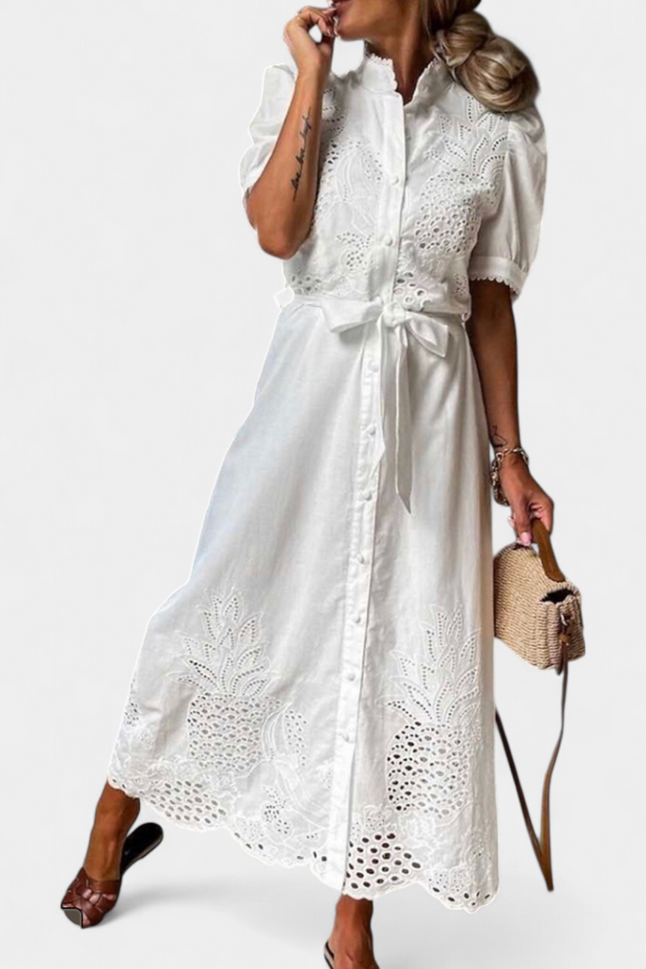 Nerea Shirt Dress Embroidered with Belt and Puffy Sleeves