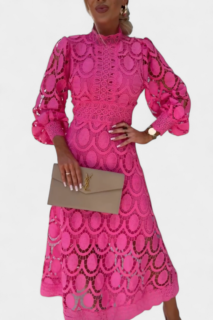 Lucinda Midi Lace Dress with Lantern Sleeves and Turtleneck
