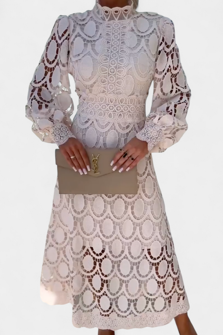 Lucinda Midi Lace Dress with Lantern Sleeves and Turtleneck