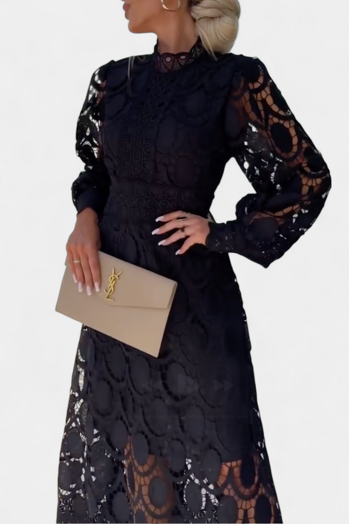 Lucinda Midi Lace Dress with Lantern Sleeves and Turtleneck