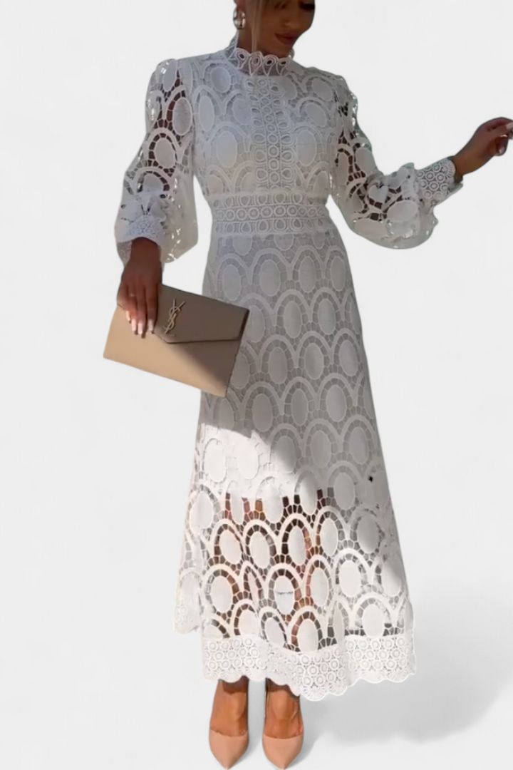Lucinda Midi Lace Dress with Lantern Sleeves and Turtleneck