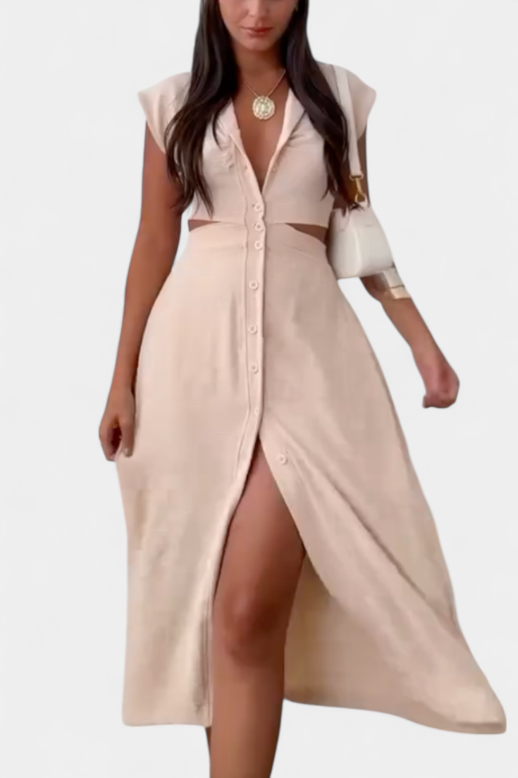 Griselda Midi Dress with Buttons and Open Waist