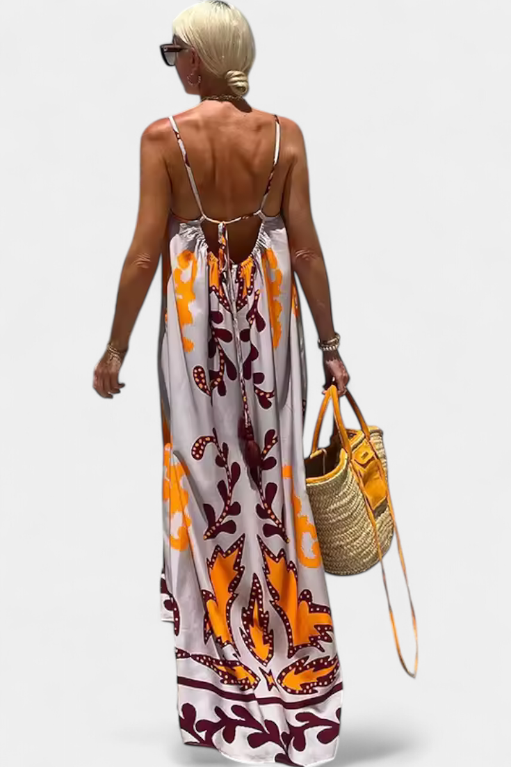 Vilma Tropical Print Dress with Open Back