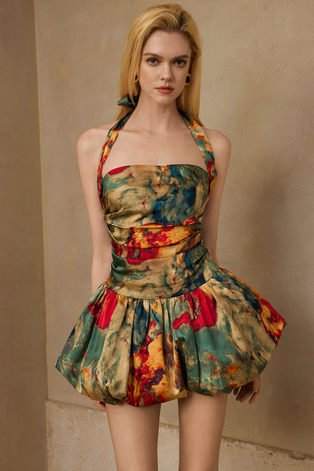 Watercolor Print Satin Ruched Backless Zipper Tie Up Mini Dress