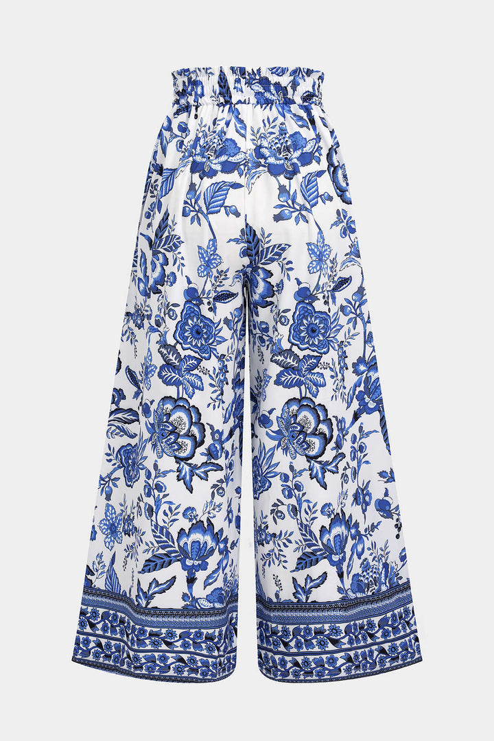 Floral Leaves Print Drawstring Wide Leg Trousers