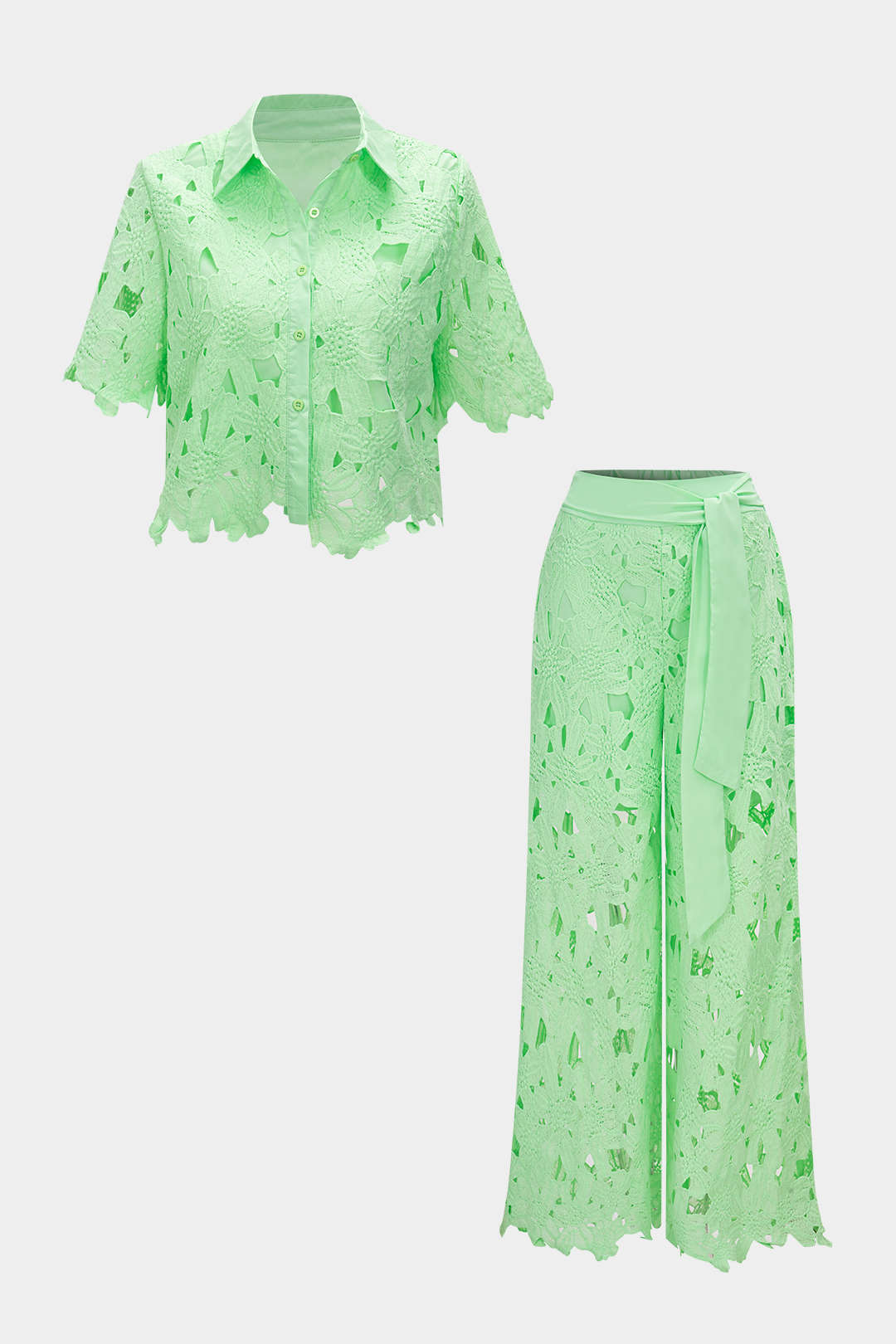 Hollow Out Lace Top And Tie Up Trousers Set