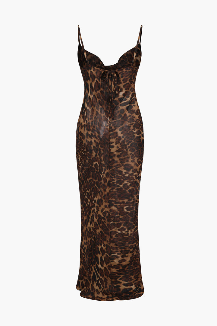 Leopard Print Sheer Draped Maxi Dress
