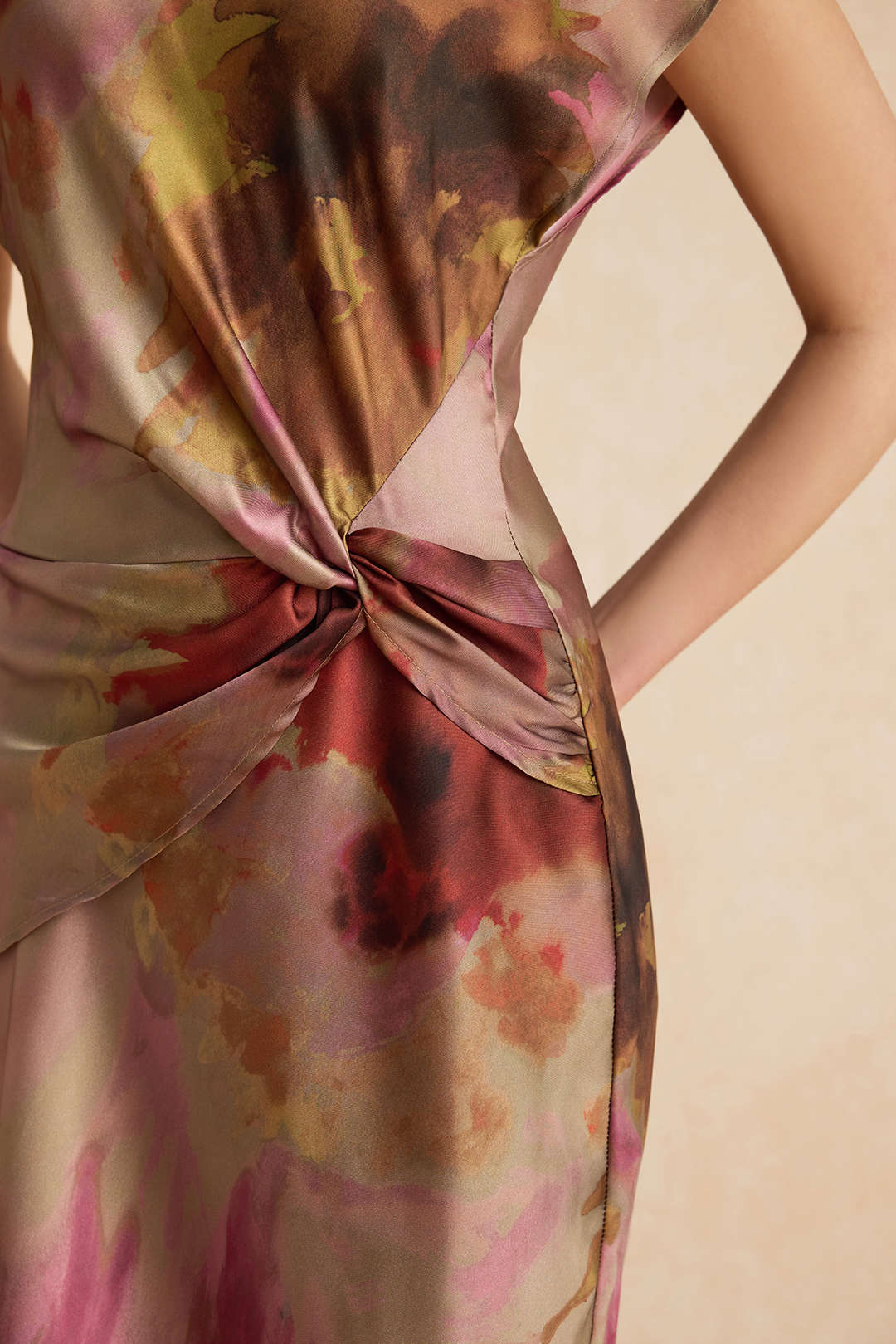 Tie Dye Ruched Cut Out Button Twist Knot Midi Dress