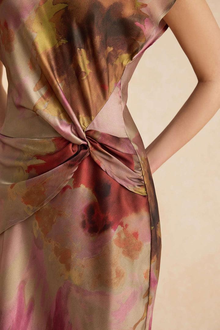 Tie Dye Ruched Cut Out Button Twist Knot Midi Dress