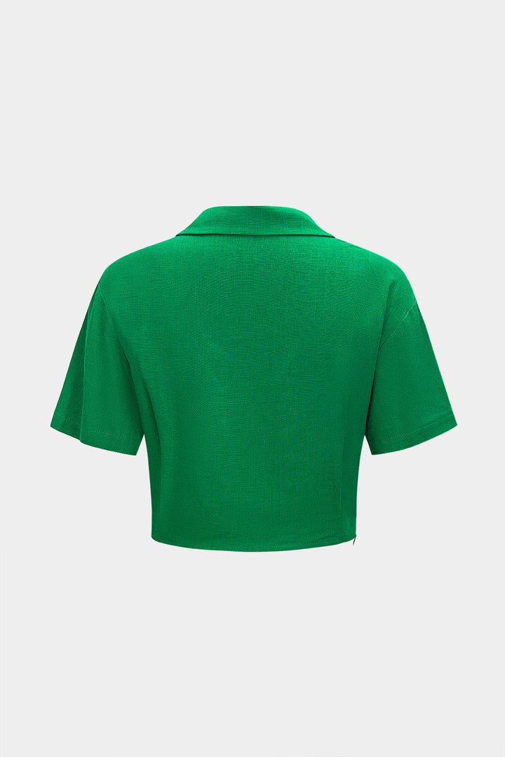 Linen Asymmetrical Ruched V-Neck Short-Sleeve Shirt