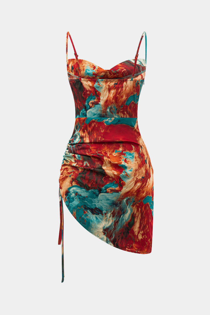 Watercolor Print Satin Ruched Drawstring Slip Mini Dress