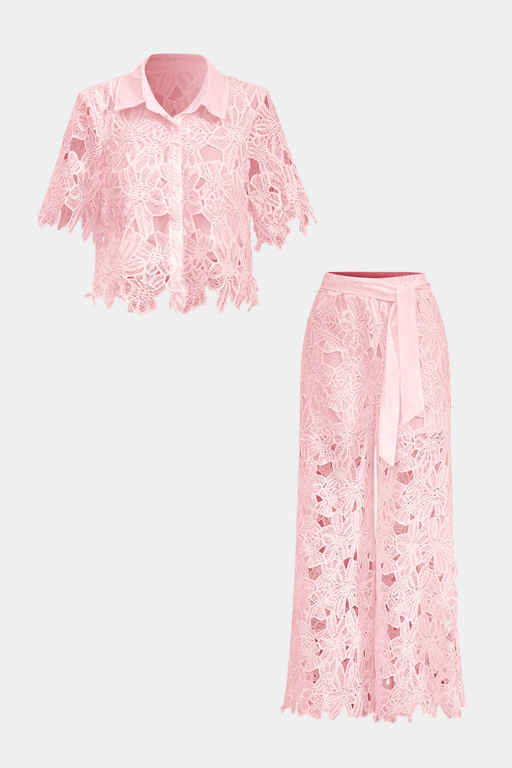 Hollow Out Lace Top And Tie Up Trousers Set