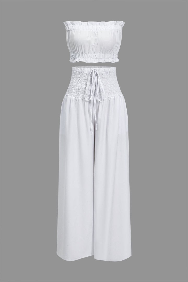 Ruched Tube Top And Tie Front Wide Leg Trousers Set